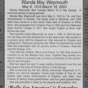 Obituary for Wanda May Weymouth
