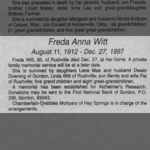 WITT Freda Anna obit (-1997)